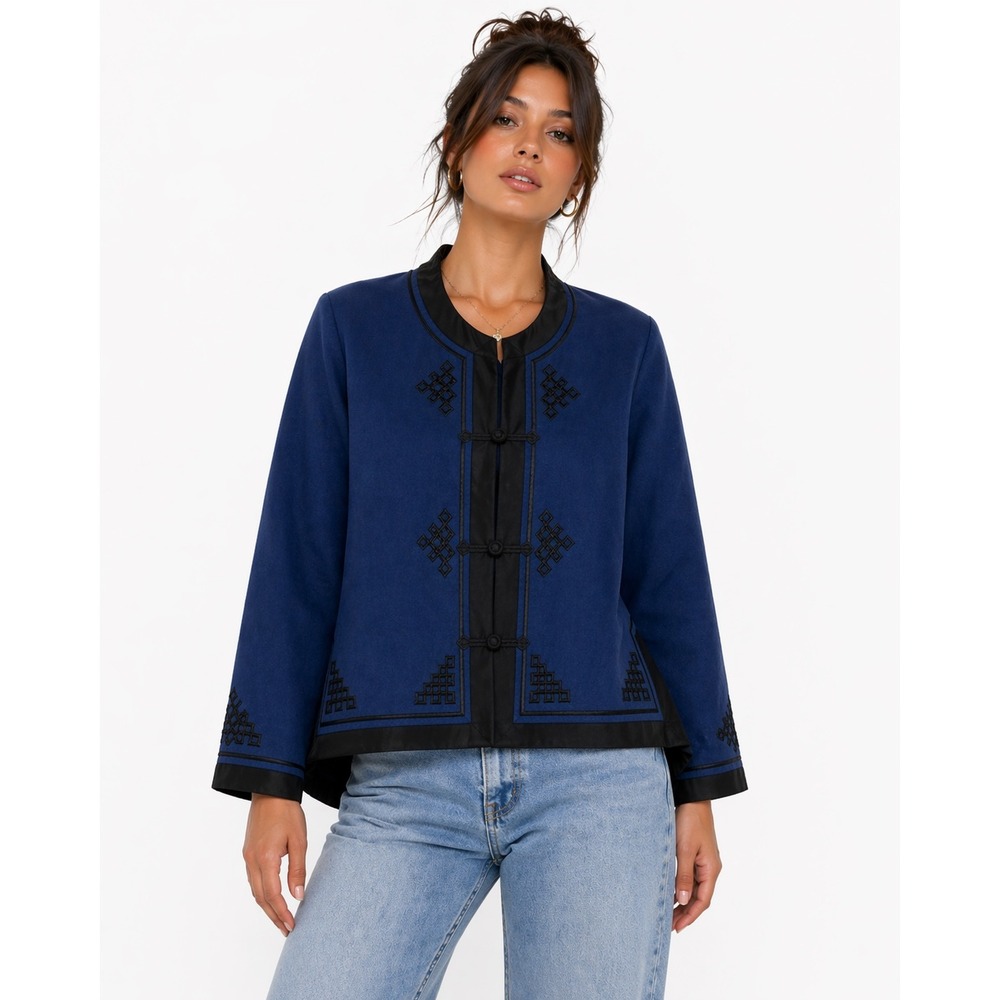 Unbranded Tang Suit Jacket Womens Large Blue Faux Suede Embroidered Frog Closure